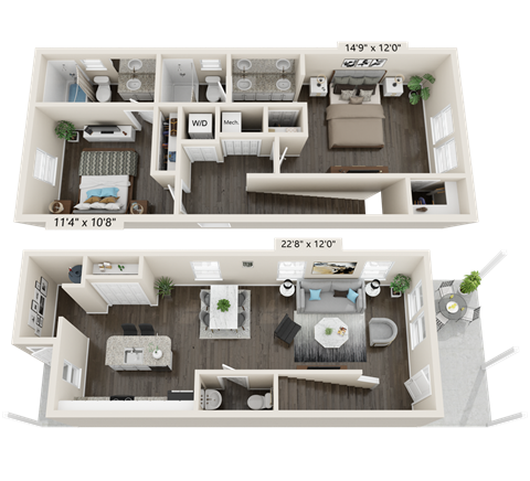 2BR 2BA Townhome floorplan